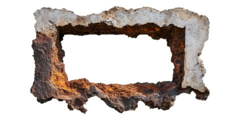 Rectangular rusty metal frame with rough texture isolated on transparent background