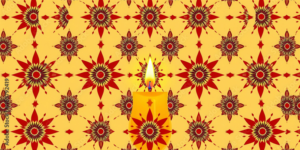 Poster a candle is lit in the middle of a patterned background. the pattern is made up of many small circle