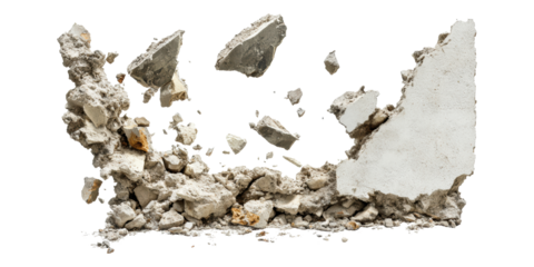 Concrete wall breaking into rubble isolated on transparent background