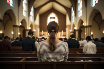 A young girl kneeling in prayer within a church.