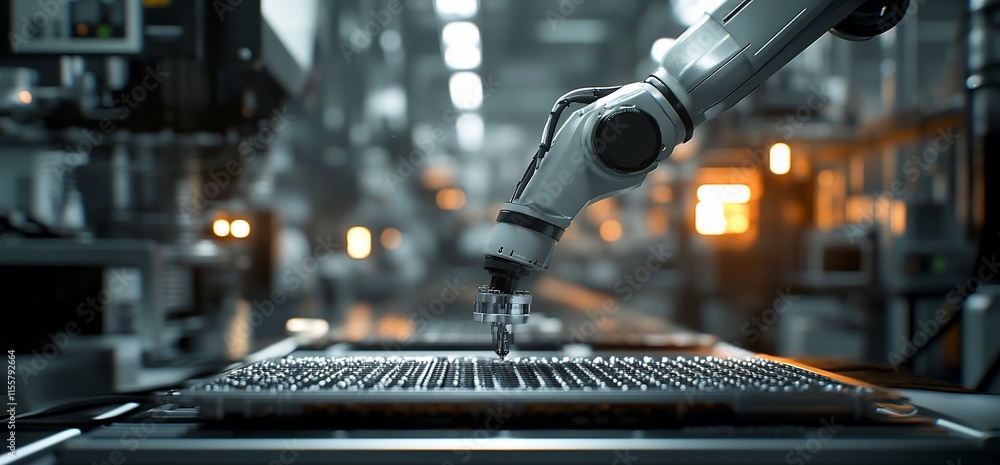 Poster robotic arm assembling components in a modern industrial setting.