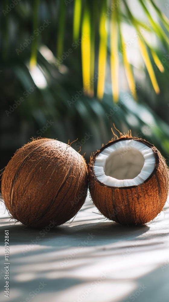Poster natural coconut husks arranged symmetrically against a textured background for artistic display