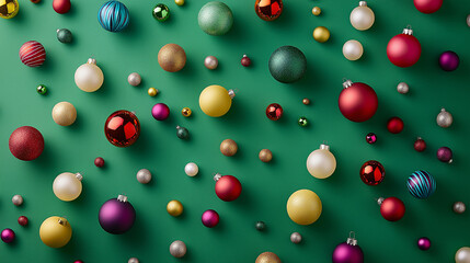 Christmas background with balls and snowflakes, a set collection of elegant Christmas decorations, green, gold, and red ornaments and pine and holly berry branch on green background