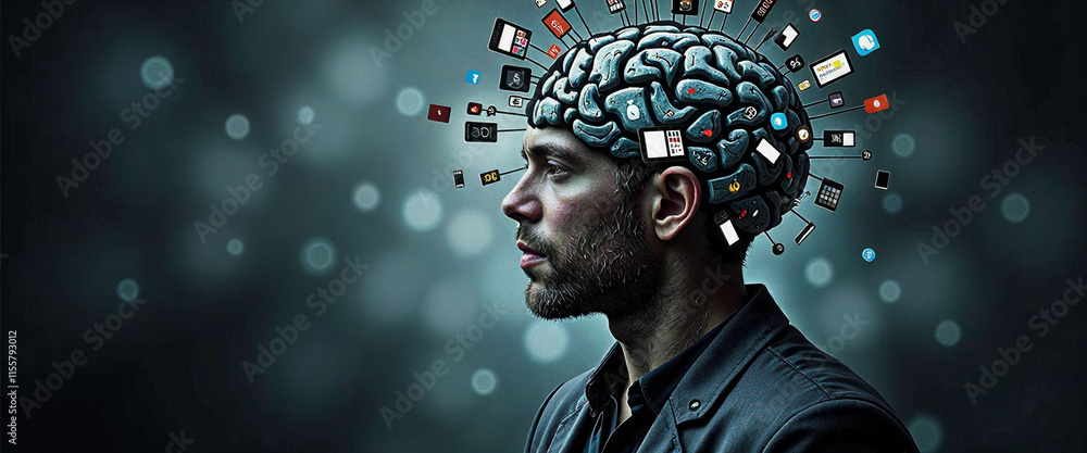 Poster a man's brain is filled with various images and icons, representing the vast amount of information a