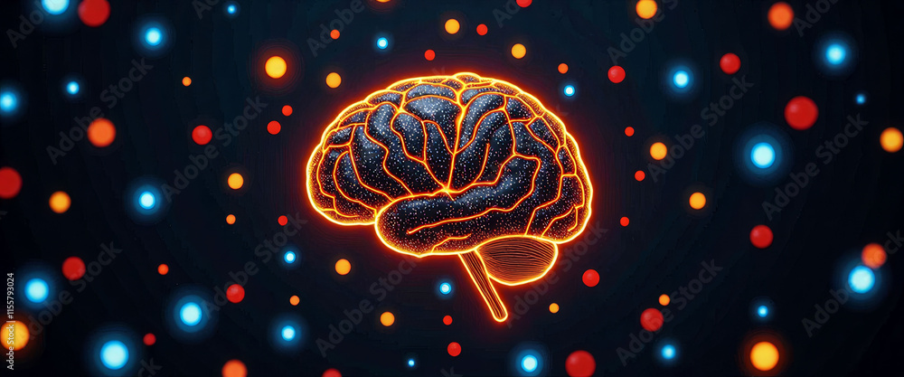 Poster a brain with a bunch of dots surrounding it. the brain is glowing red and blue. the dots are of diff
