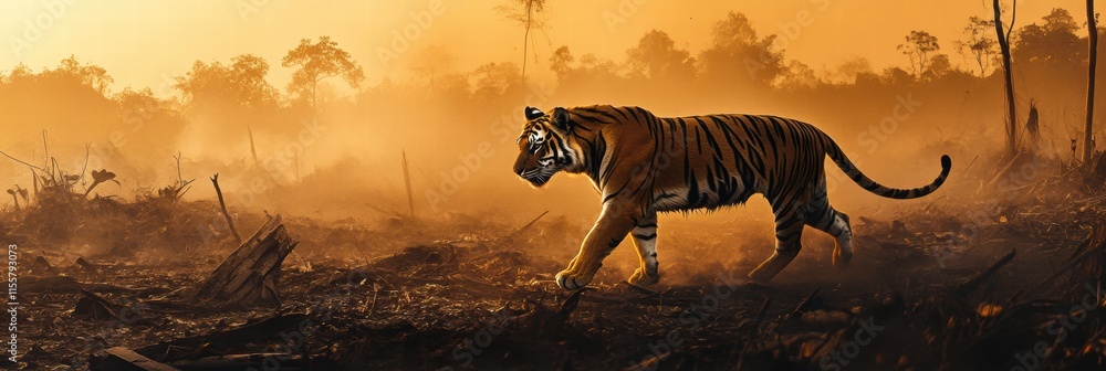 Aufkleber solitary tiger navigates through a devastated jungle during sunset, revealing the impact of deforest