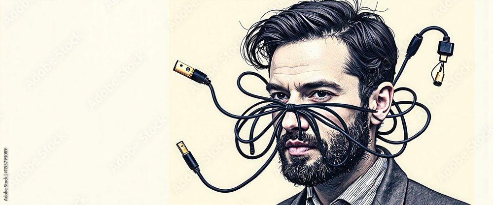 Poster a man with a tangled mess of wires on his face. the wires are connected to a microphone and a speake