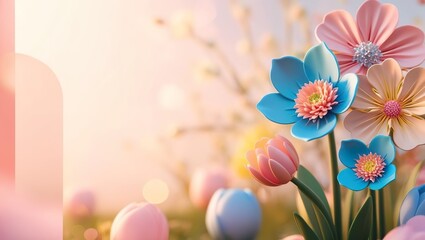 Bright multi-colored 3D spring flowers on a delicate pink background, spring card, banner with space for text