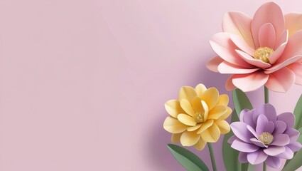 Fototapeta premium Elegant spring flowers arranged on a soft pink pastel background with gentle light modern minimal style. Seasonal floral concept for Spring 2026, ideal for branding, beauty, wellness, design projects.