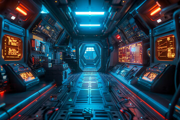 Obraz premium A futuristic control room aboard a spacecraft, filled with advanced technology and illuminated interfaces