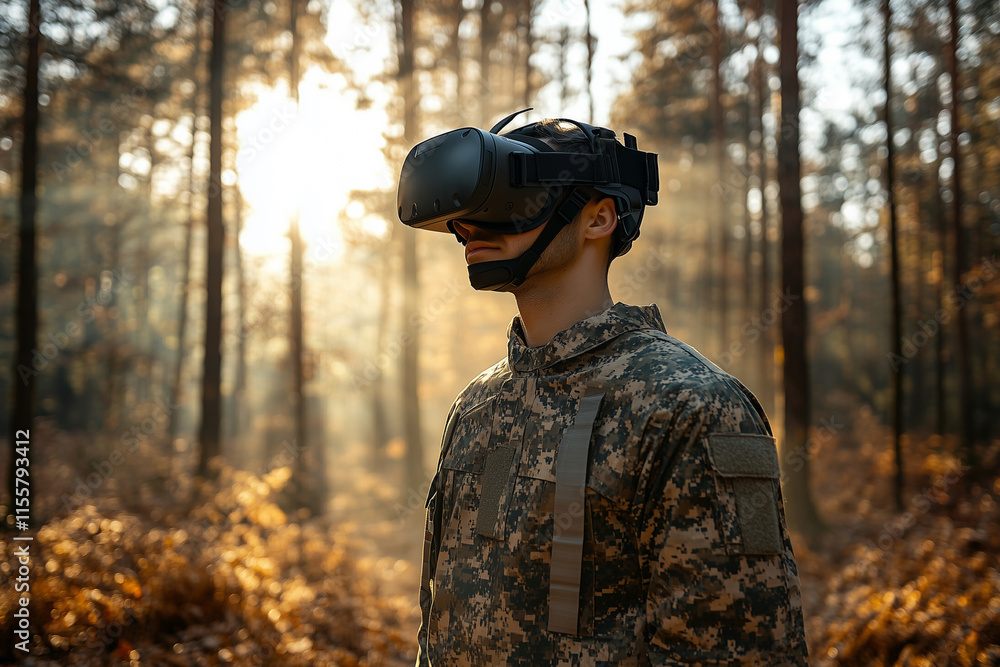Poster man in a camouflage uniform is wearing a virtual reality headset. he is looking at the camera