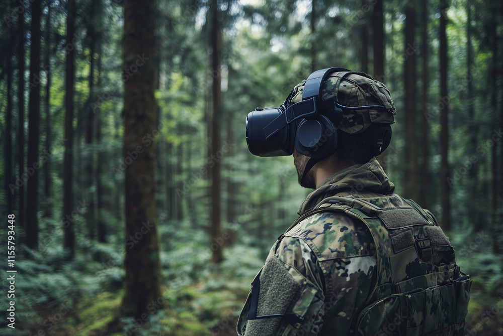 Poster man in a camo jacket and a helmet is looking at a virtual reality headset. the scene is set in a for