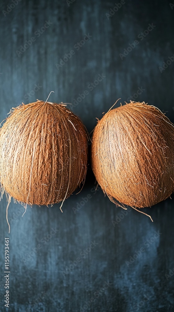 Poster natural coconut husks arranged symmetrically against a textured background for artistic display