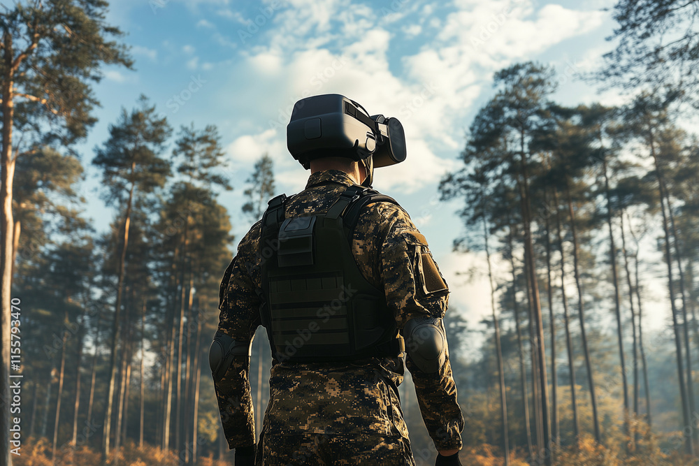 Poster man in a camo jacket and a helmet is looking at a virtual reality headset. the scene is set in a for