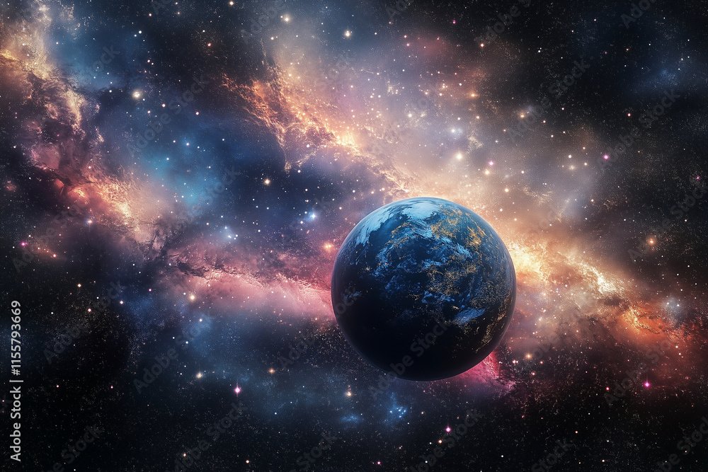 Aufkleber planet is floating in space with a bright blue color. the planet is surrounded by a colorful nebula