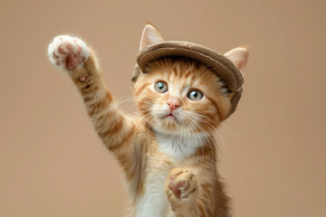 Cute orange kitten wearing a cap raises its paw against a plain background