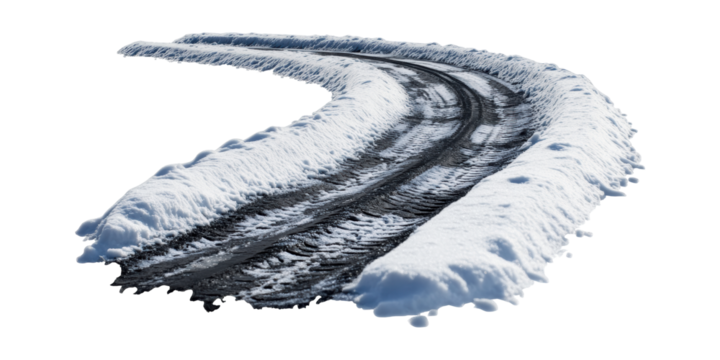 Snow-covered curved road with tire tracks isolated on transparent background