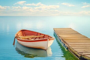 Obraz premium Rustic Pier with Tied Rowboat on Calm Waters