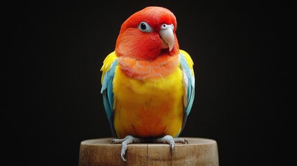 Naklejka premium Colorful parrot perched on a wooden post against a dark background
