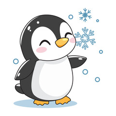 Cute Penguin Cartoon Kawaii Sticker. Character Vector Illustration