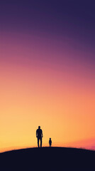 Obraz premium Minimalist Digital Illustration of Father and Child Silhouette on Hill Against Colorful Sunset, Peaceful and Reflective Atmosphere