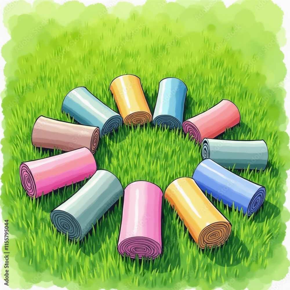 Poster the image shows a group of rolled up yoga mats arranged in a circular pattern on a grassy field.