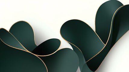 Abstract, graphic background with frame, smooth, wavy lines, shapes in green and gold colors on light background with space for text. Luxury premium template.