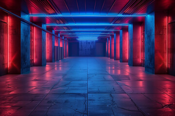 Fototapeta premium An empty futuristic indoor space illuminated by vibrant blue and red lights with sleek concrete pillars