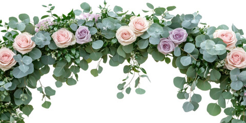 Floral arch with pink and purple roses isolated on transparent background