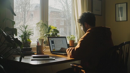 A Indian man freelancer working remotely at home in a cozy work desk with decorative green plant near the window with natural sunlight