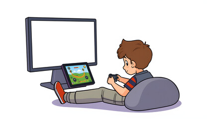 Boy play game or learn online with tablet. App, web site design presentation, mockup concept. Isolated, blank, white screen for mockup. isolated with white shades