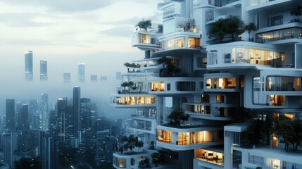 A 3D concept of a vertical city with layered terraces and futuristic architecture