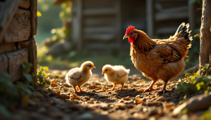 Mother hen with chicks near a traditional farm, soft morning light, farm animals