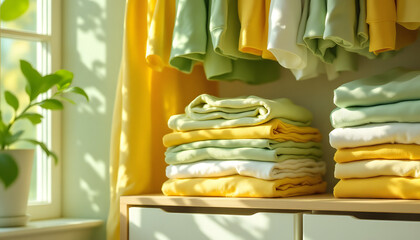 Well organized closet with folded clothes and storage boxes, spring colors, morning light, spring cleaning