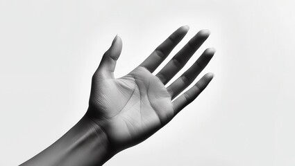 Banner with human hand with fingers spread, palm, light background with space for text
