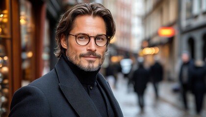Fototapeta premium Man with glasses stands in a city street while people walk by, capturing the evening ambiance