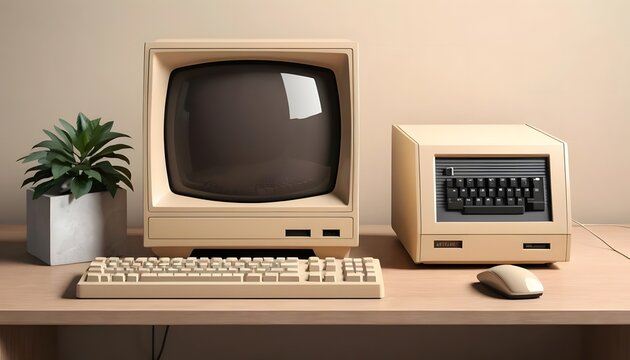 Beige Vintage Computer Setup on Wooden Desk with Plant