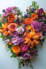 Colorful floral heart arrangement made of various flowers on a plain background