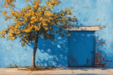 Vibrant tree casting shadow against bright blue wall in urban setting during sunny day