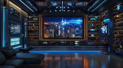 Obraz premium An advanced and modern TV studio with a high-tech control room and futuristic cityscape views
