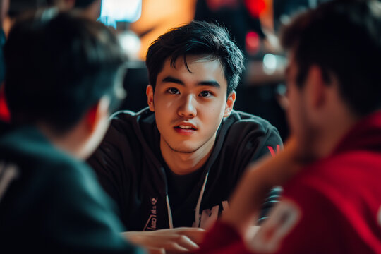 Gamers share strategies and insights in a vibrant gaming lounge during an evening meetup