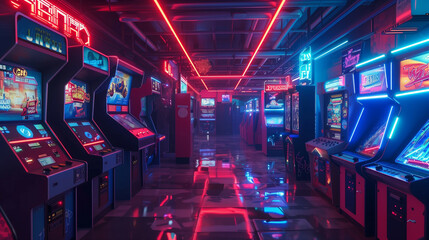 A vibrant and immersive arcade room illuminated by neon lights and filled with a variety of classic and modern games