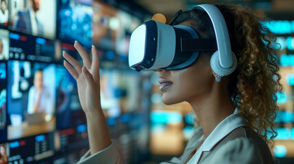 A young professional woman wearing a virtual reality headset in a high-tech control room