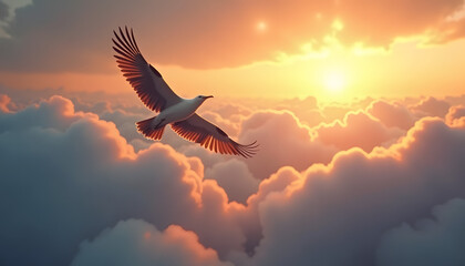 Fototapeta premium Bird soaring above clouds at sunrise, wings outstretched against golden light