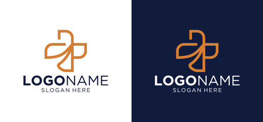 Modern Healthcare Medical Logo. Orange Geometric Round Cross Sign Stylish Health Icons Isolated on Black and White Background. Flat vector logo design template elements.