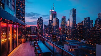 A photo of a rooftop bar with panoramic views of the city skyline, capturing the excitement and nightlife.