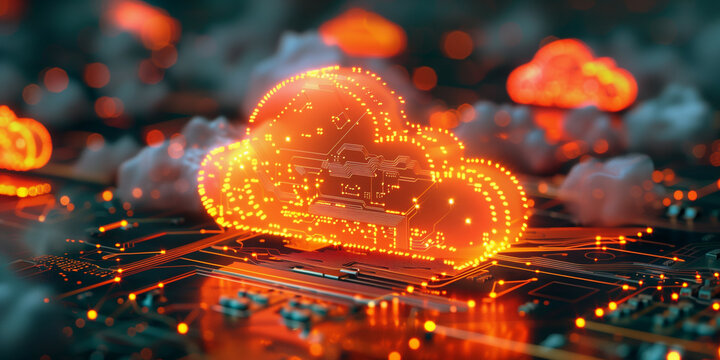 A vibrant digital illustration of a cloud computing network glowing on a motherboard, showcasing futuristic technology and connectivity