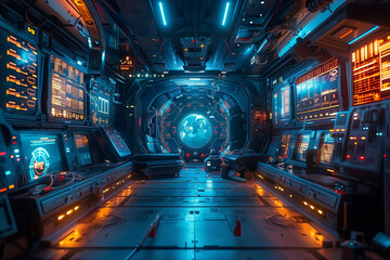 A Futuristic Control Room on a Spacecraft with a View of Earth Through a Circular Window Illuminated by Neon Lights