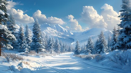 Fototapeta premium Snowy landscape with a dense forest and blue sky