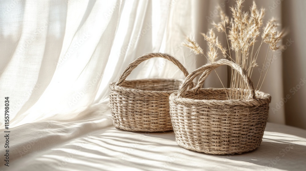 Poster baskets on table with natural light in studio setting